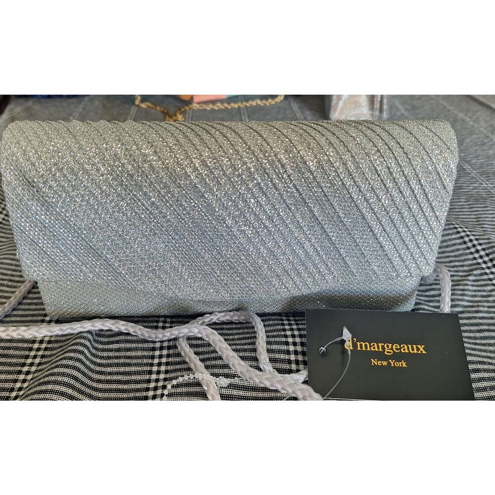 d'margeaux brand clutch purse- silver metallic w/rope strap- 8"w x 4"h- NWT